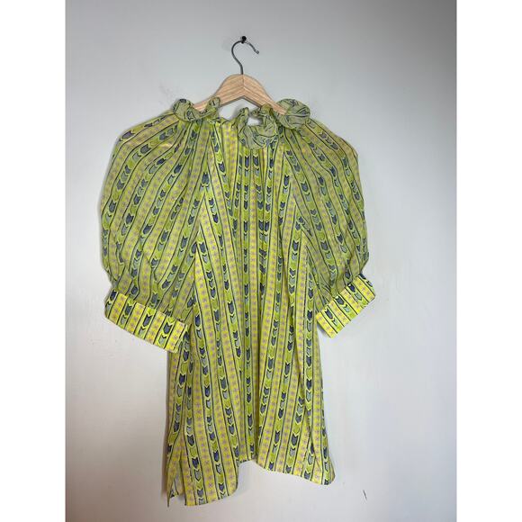 NEW Saloni V-neck Silk Puff Sleeves Josie Top Faience Floral Lime Yellow Sz: 6 - Picture 6 of 7